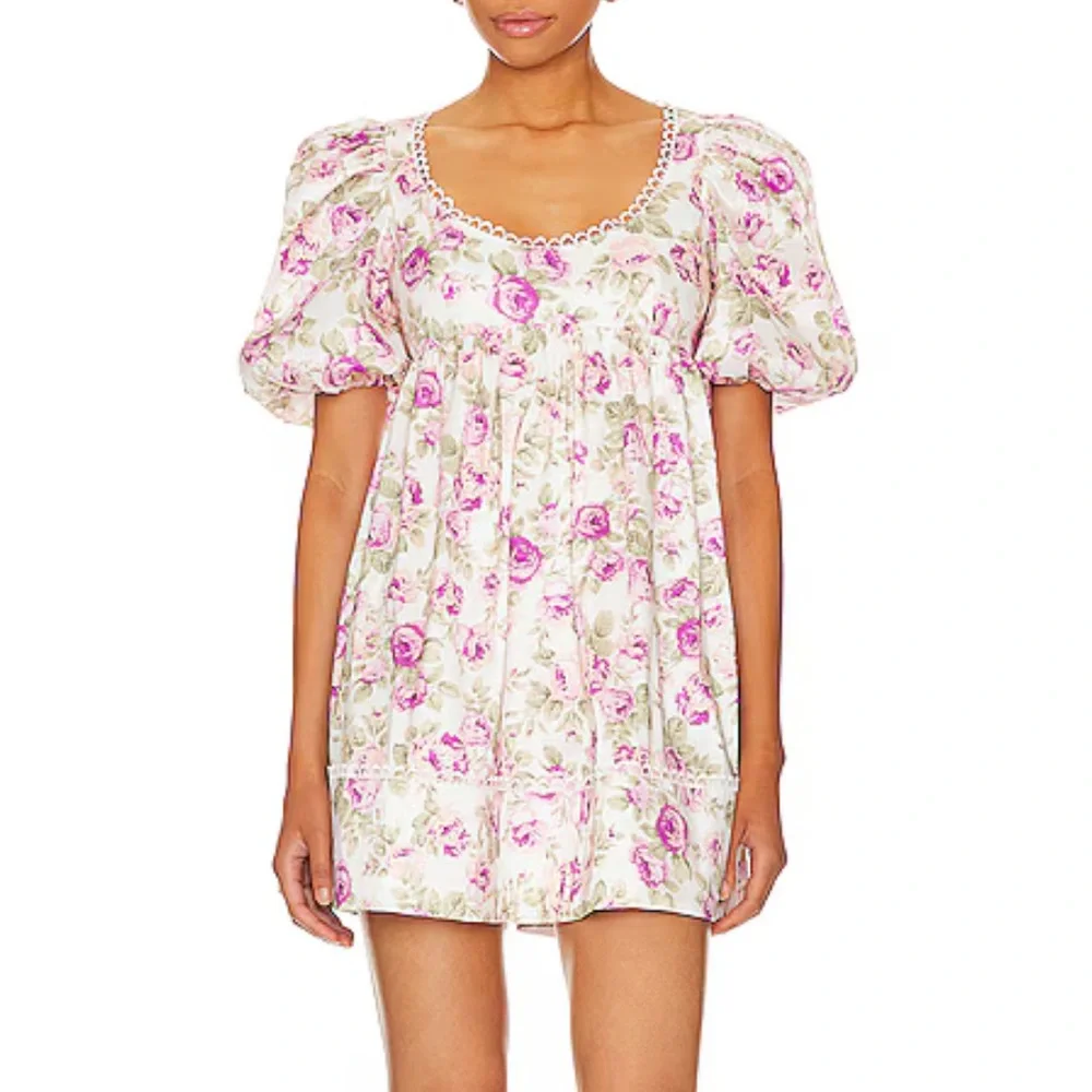 For Love And Lemons Milani Floral Puff Sleeve Mini Dress, White/Multi